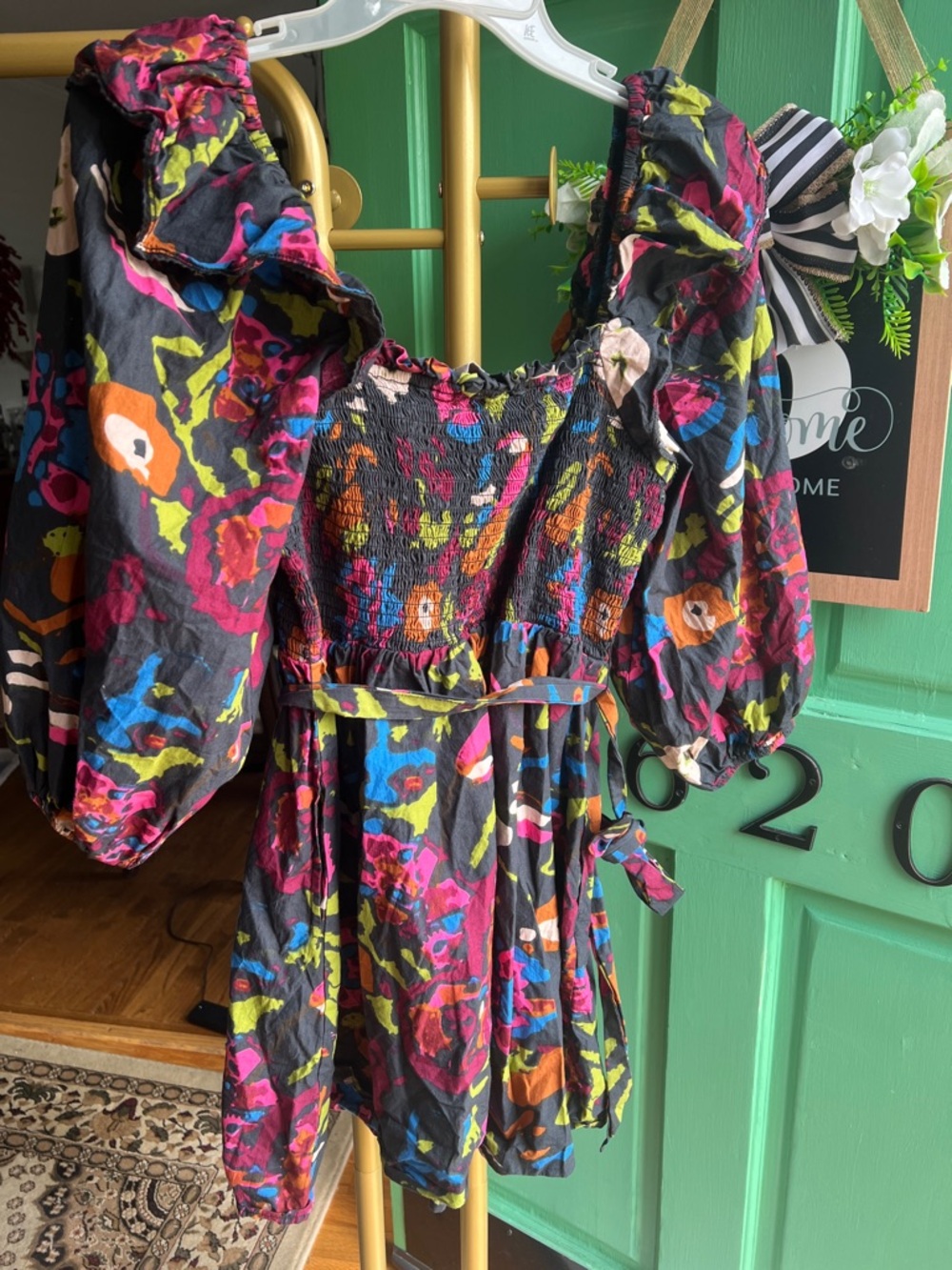Cleobella Black Multi Floral Smocked Puff-Sleeve Mini Dress size small - Picture 5 of 9